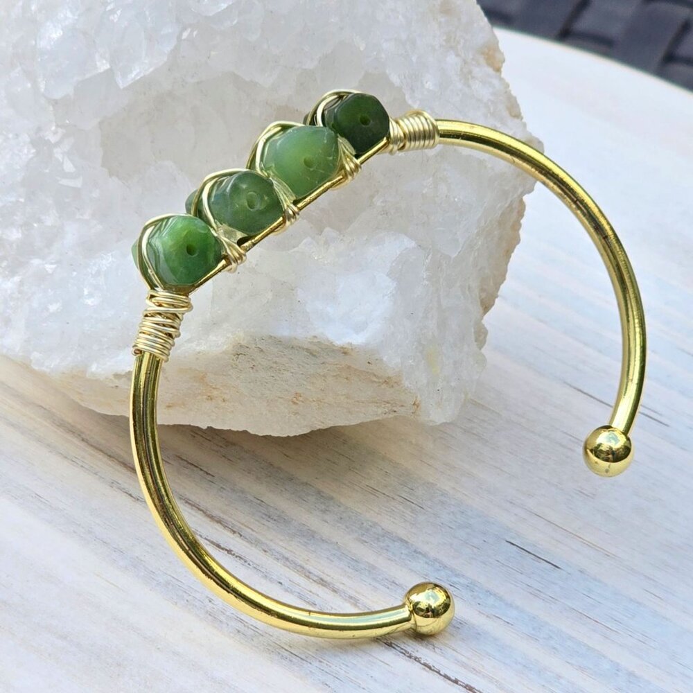 Jade ✦ 4‑Stone Wire Wrap Wisdom Cuff ✦ 14Kt Gold Over Copper Adjustable Talisman - Picture 5 of 13